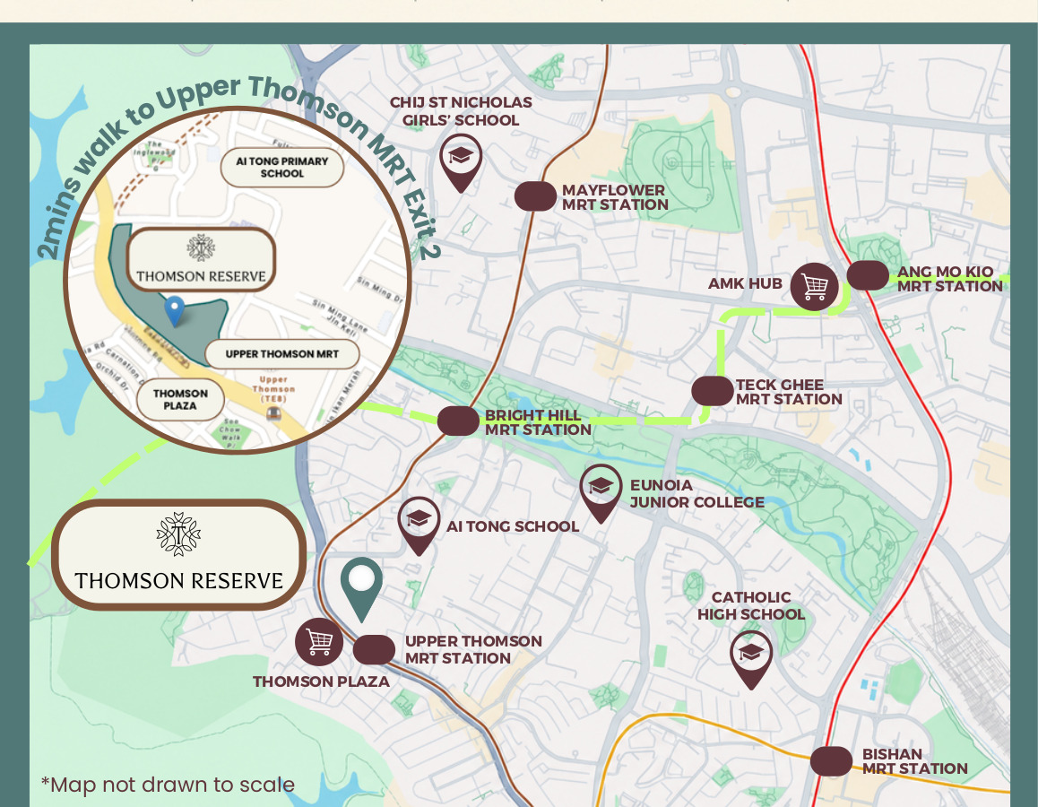 Map of Thomson Reserve showing Upper Thomson MRT, surrounding MRT stations and schools