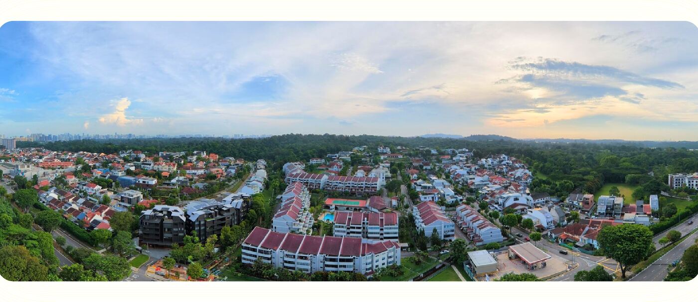 Panoramic sunset view over the Thomson landed enclave